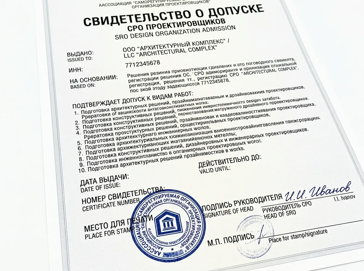 Свидетельство о допуске СРО проектной организации — документ с печатью и подписью, крупный план на белом фоне