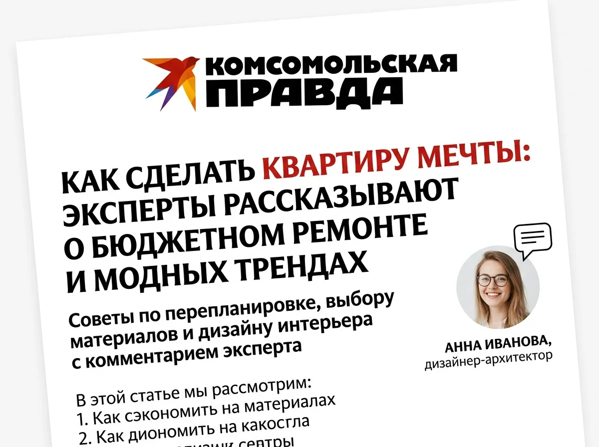 Логотип газеты Комсомольская правда и заголовок статьи о перепланировке квартиры с комментарием эксперта, белый фон
